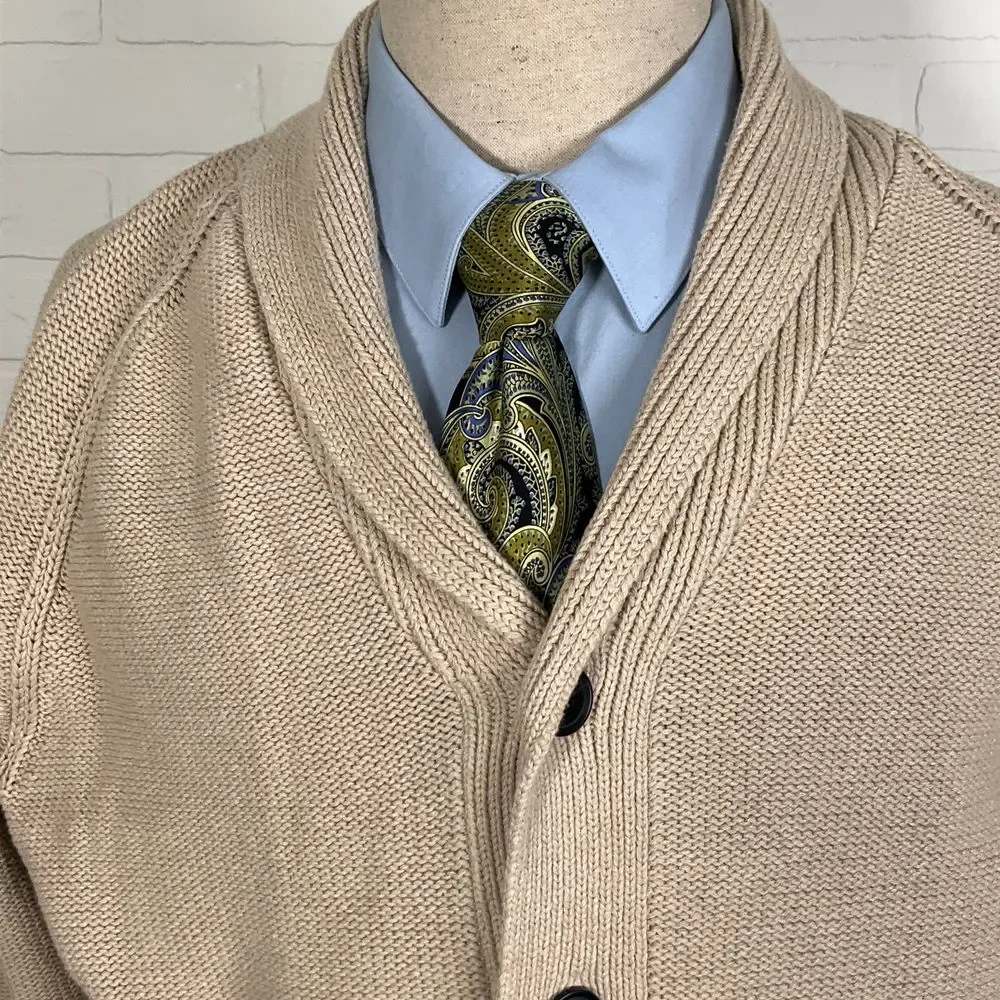 GAP‎ Cardigan Men L Beige Cotton Knit Classic Grandpa Retro Academia Sweater